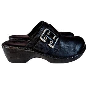 Born Women's Black Pebbled Leather Mules/ Clogs Chunky Heel Double Buckle 8